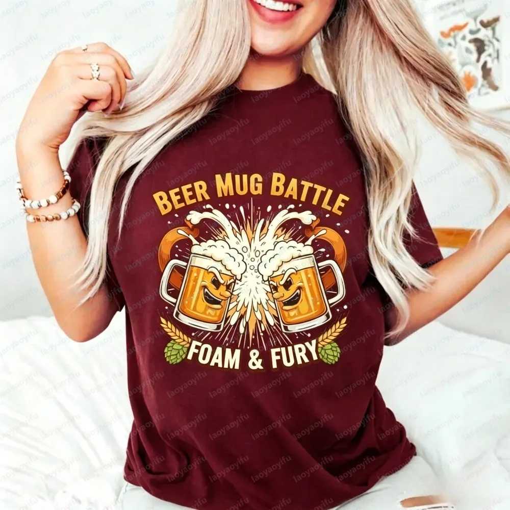 Womens Summer Short Sleeve T-Shirt Fashion Funny Beer Mug Battle Graphic Tee Casual Drinking Party Gift Oktoberfest Beer Lovers