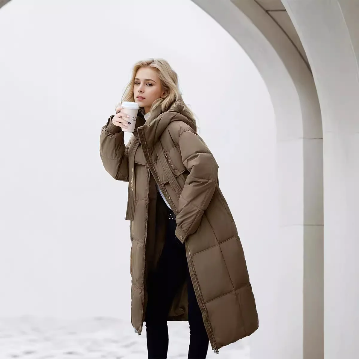 Winter Long Over Knee Thick Padded Cotton Hooded Loose Warm Zip Up Classic Daily Basic Outerwear Fashion Trendy Cozy Padded Coat