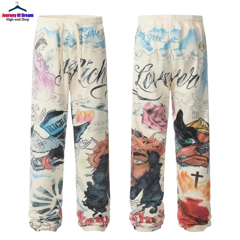 

25SS Vintage New Saint High Quality Cotton Full Print Sweatpants Drawstring High Street Jogging Drawstring Lounge Pants