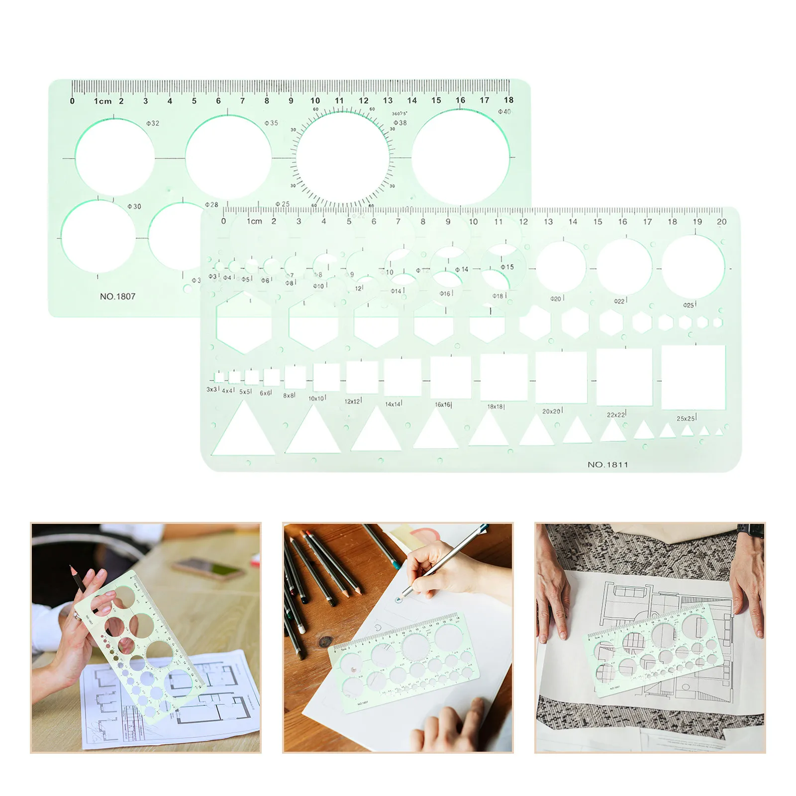 2Pcs Multifunction Transparent Drawing Templates Geometric Shapes Circle Ruler for Art Design Drafting Journaling School