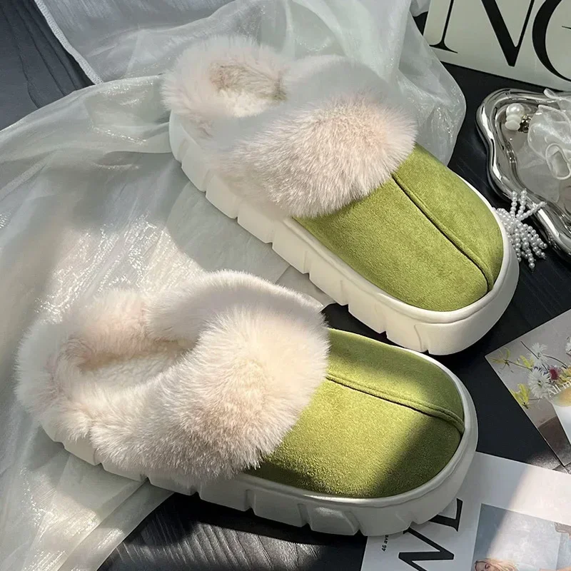 2025 Vrouwen Indoor Pluizige Slippers Dikke Zool Winter Warme Schoenen Voor Koppels Zacht Bont Warm Houden Vrouwelijke Mannelijke Huis vloer Slipper