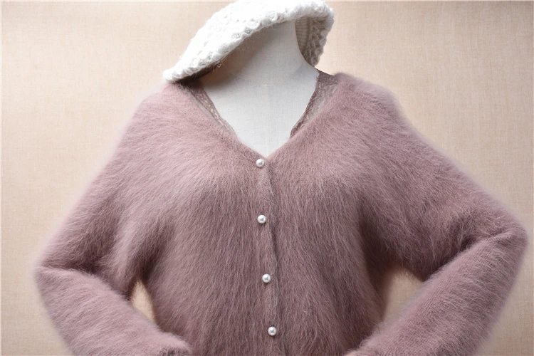 Women Mujer Autumn Winter Clothing Hairy Soft Mink Cashmere Knitted Lace Crop Top V-Neck Loose Cardigans Sweater jacket Coat