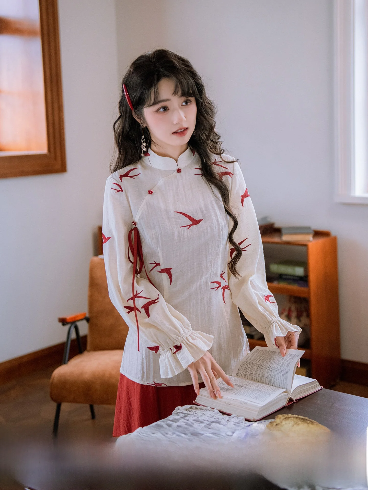 

South Wind Valley【Flying Swan】Embroidered Red Swallowtail Cotton Linen Long Skirt Dress Women's Early Spring Loose Fit Gown