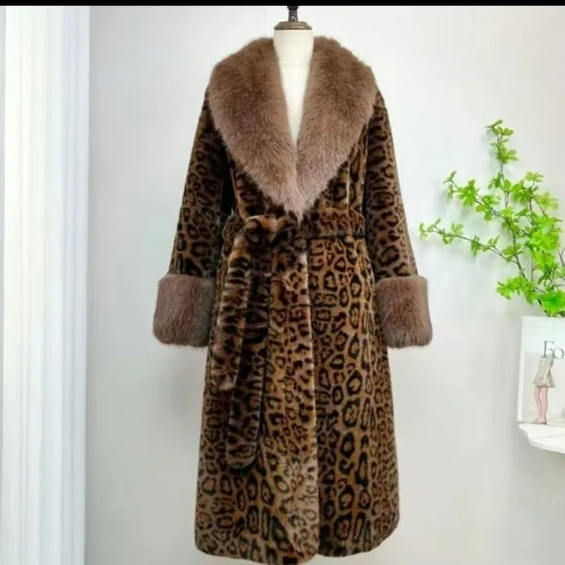 Women's Clothing New Leopard Print Long Faux Fur Coats Trench Coats One-piece Chic Winter Warm Fashion Thicken Fur Collar Belt