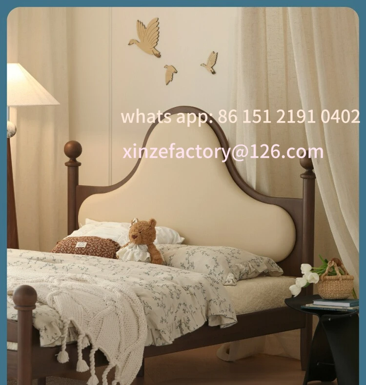 

Customizable solid wood bed backrest retro bedroom 1.5m single bed boys and girls soft bag bed
