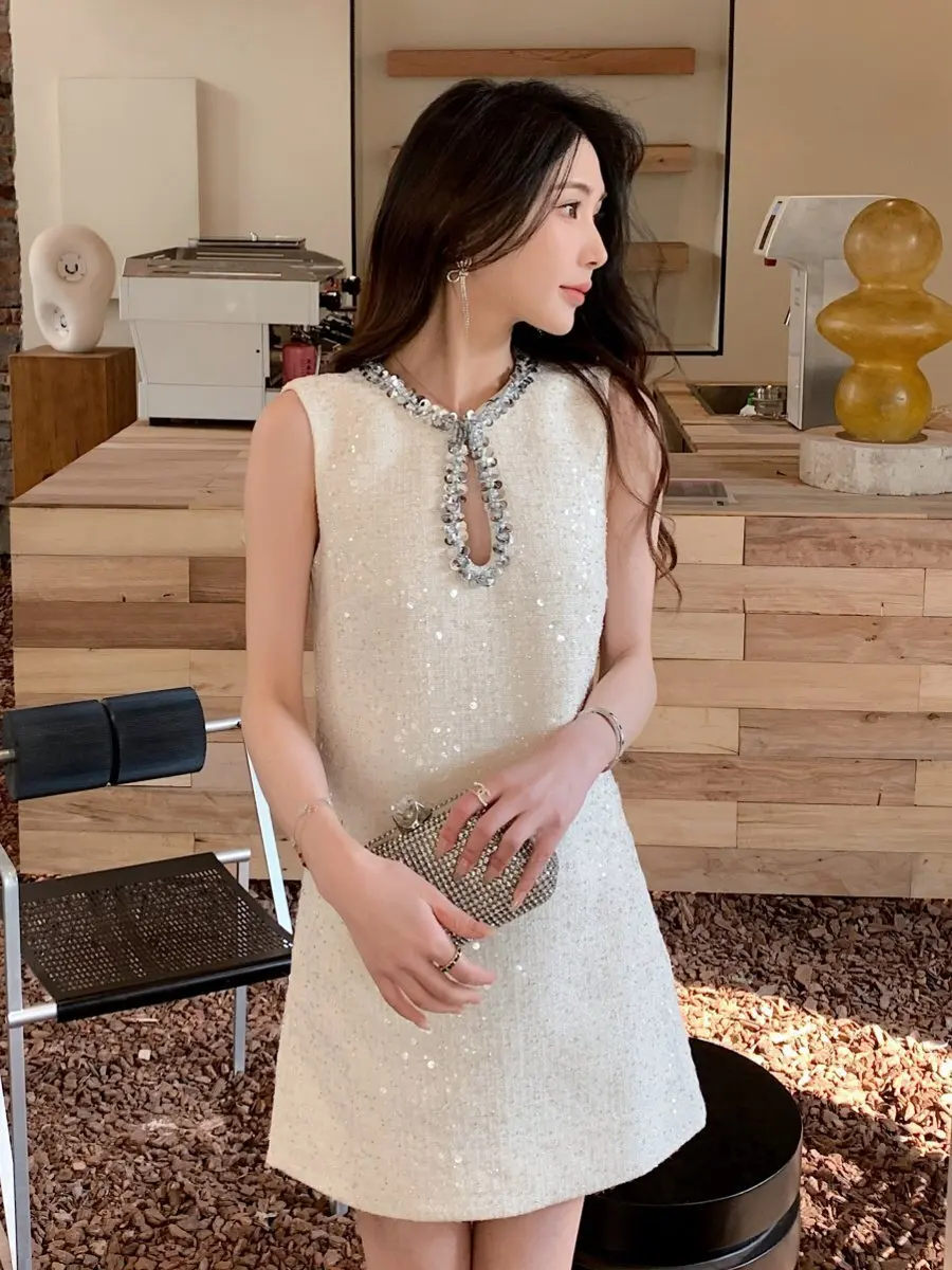 Quality Autumn Winter Fashion French Celebrity Sequin Prom Dress Women Pearls Beaded Tweed Dresses Lady