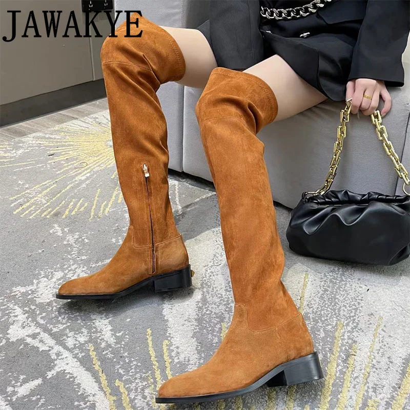 Designer Genuine Leather Thigh High boots Chunky Heel Women\'s Long Boots Runway Round Toe Suede Dress Shoes Over the knee boots