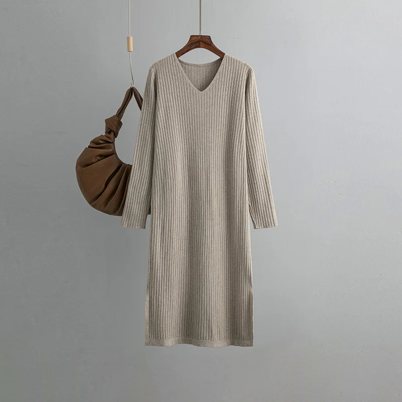 HLBCBG 2023 Women Long Knit Maxi Dress Spring Autumn V Neck Ribbed Tunic Dress Solid Woman Elegant Pullover Straight Dress