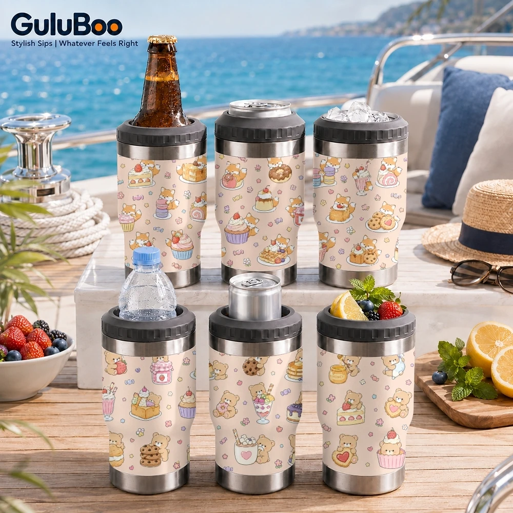 Sweet Kawaii Animals Vacuum Flasks 4-in-1 Insulated Beer Can Cooler Double-Wall Stainless Steel Coozie Travel Tumbler Coffee Cup