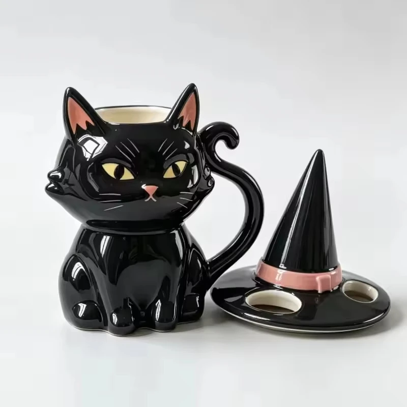 350ml Ceramic Black Cat Witch Hat Decoration Cute Halloween Female Cat Slave Dormitory Party Gift Set