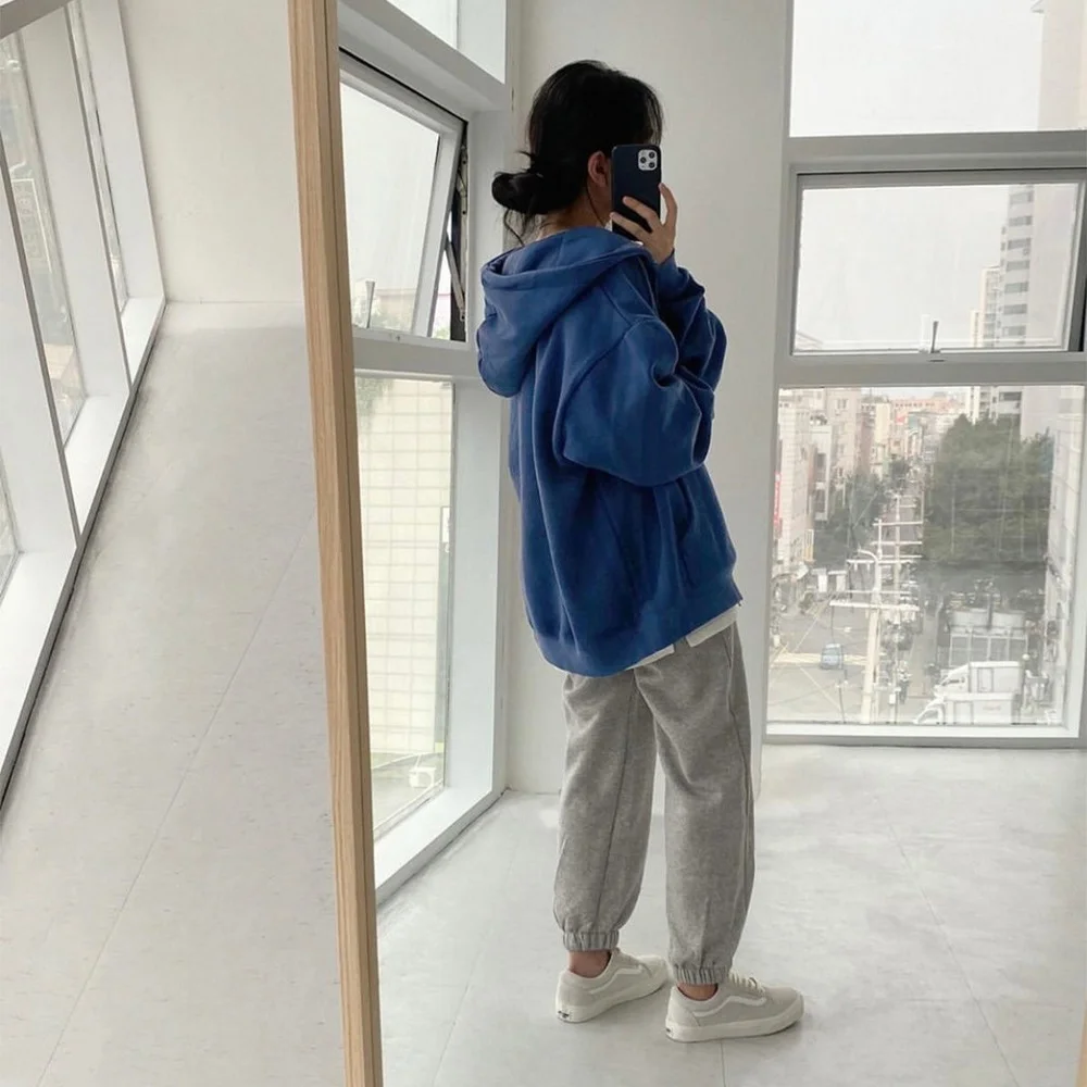Women Hoodie Harajuku Korean Version Loose Oversized Sweatshirts Solid Color Long-sleeved Hooded Sweatshirt Student Girl Top