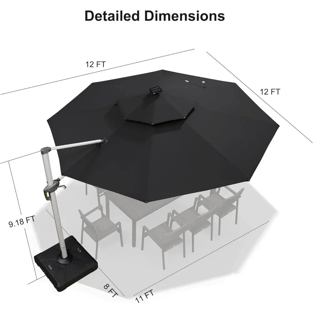 12ft Solar powered Patio Umbrella Outdoor Cantilever Umbrella with LED lights Windproof Offset Heavy Duty Sun Umbrella