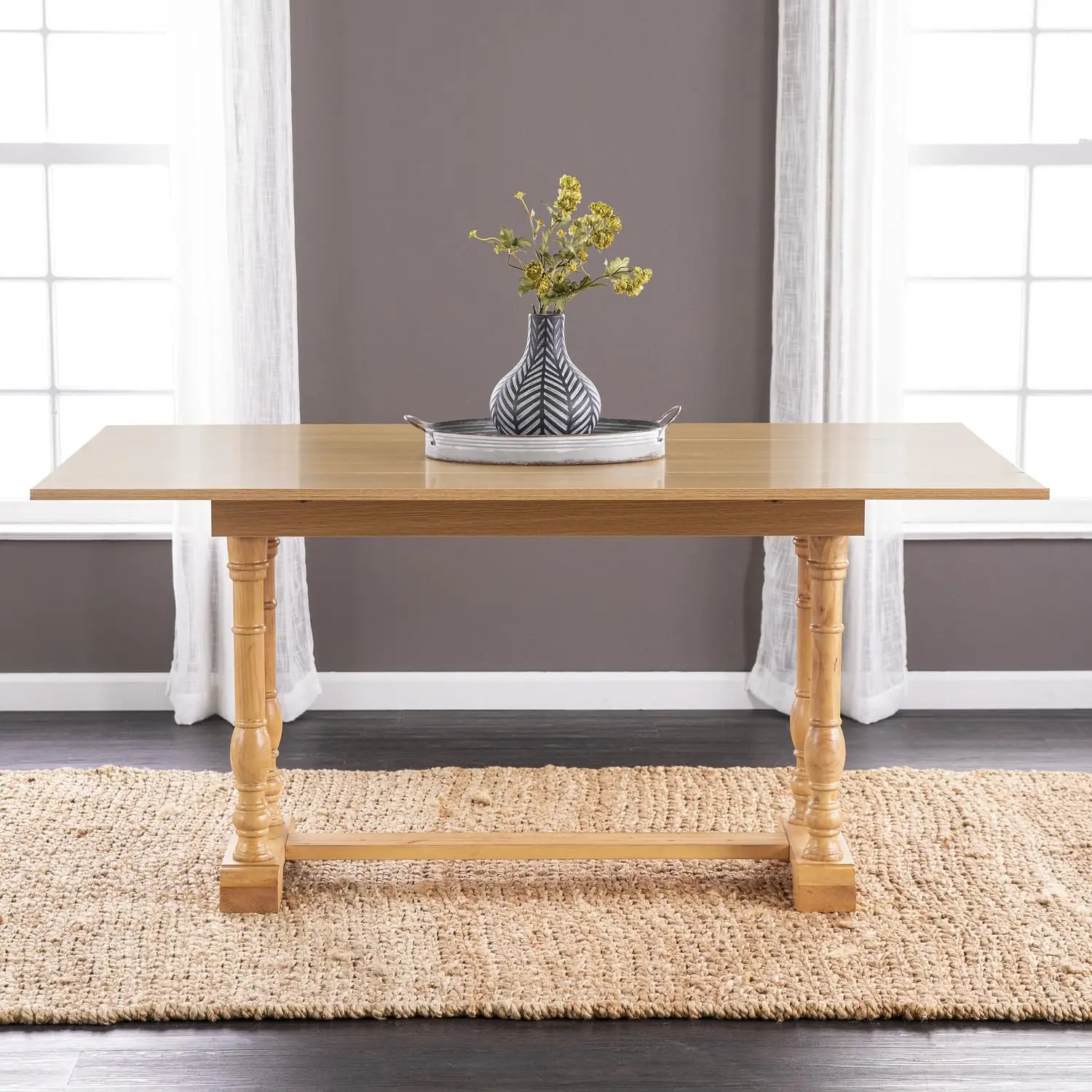 HomeStock Bohemian Bliss Natural Oak Farmhouse Folding Trestle Console to Dining Table with Convertible Top, Double