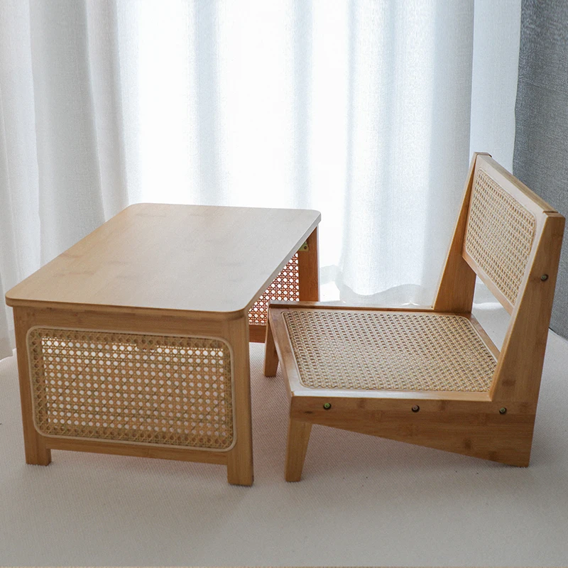 Foldable Bay Window Table Japanese Tatami Tea Desk with Woven Rattan Design Portable Floor Study Table Living Room Reading Nook
