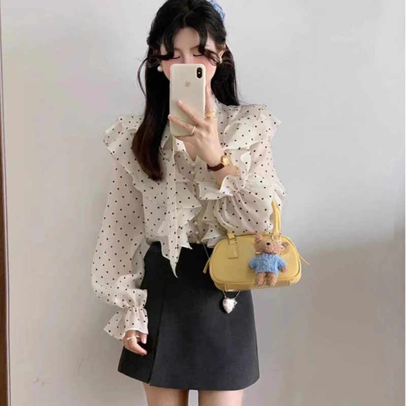 Korean Polka Dot Chiffon Blouse Women Elegant Long Sleeve Ruffle Trim Shirt Sweet Fashion Sheer Thin White Soft Commuter Top
