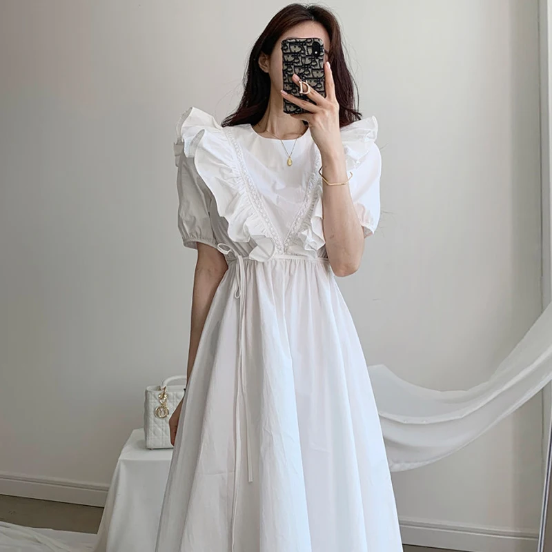 فستان صيفي أنيق بتصميم كلاسيكي، ياقة مستديرة، أكمام فقاعية، خصر مربوط، أسلوب كوري، فستان طويل بخصر مرتفع للنساء. #3
