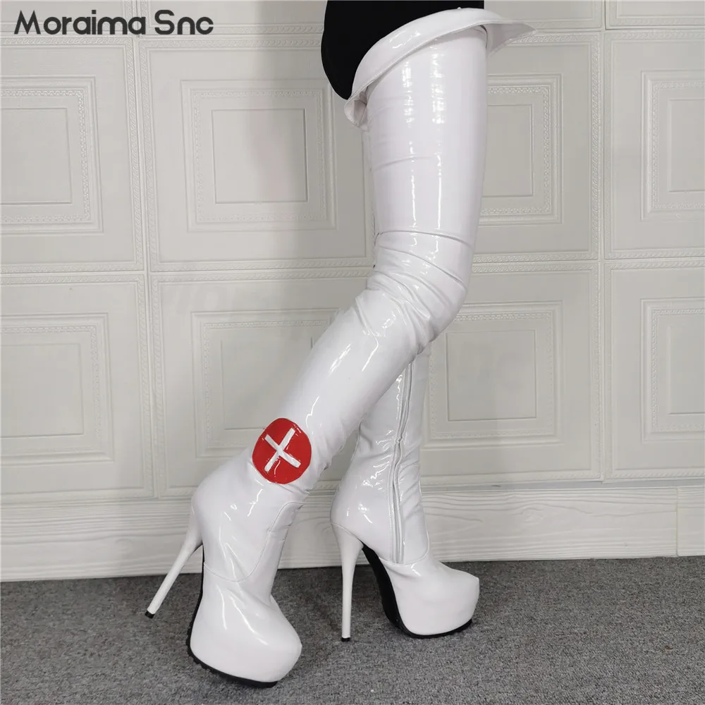 

Cosplay White Patent Leather Boots Round Toe Stiletto Platform Over The Knee Sexy Plus Size Boots Sexy Side Zipper Thigh Boots