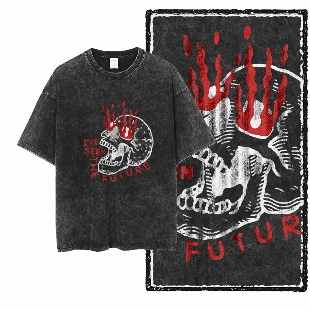 

Vintage Washed Flaming Skull Graphic I've Seen The Future Slogan Men T Shirt Oversized Black T-Shirt Vintage-styled Casual Tee