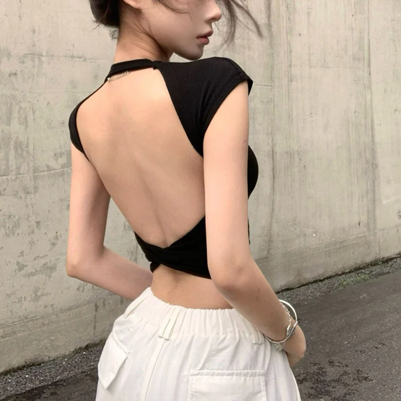 夏のレディース新しい甘い湯たんぽセクシーな背中の開いたショートブラジャーパッド美容バック半袖 tシャツデザインセンス小さなフライスリーブトップス