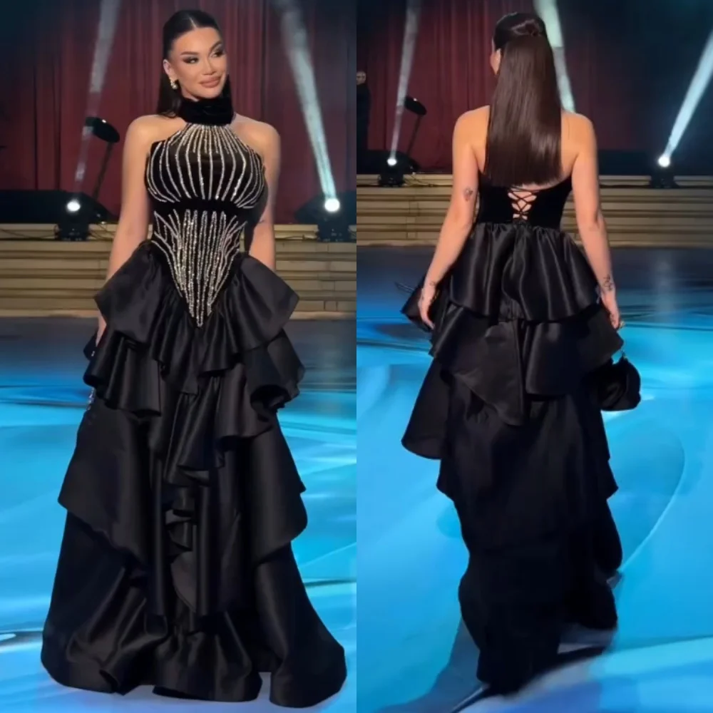 

Customized Charmeuse Lace-up Pleat Sparkle Temperament High Collar Black Long Dresses Bespoke Occasion Luxury Evening Party