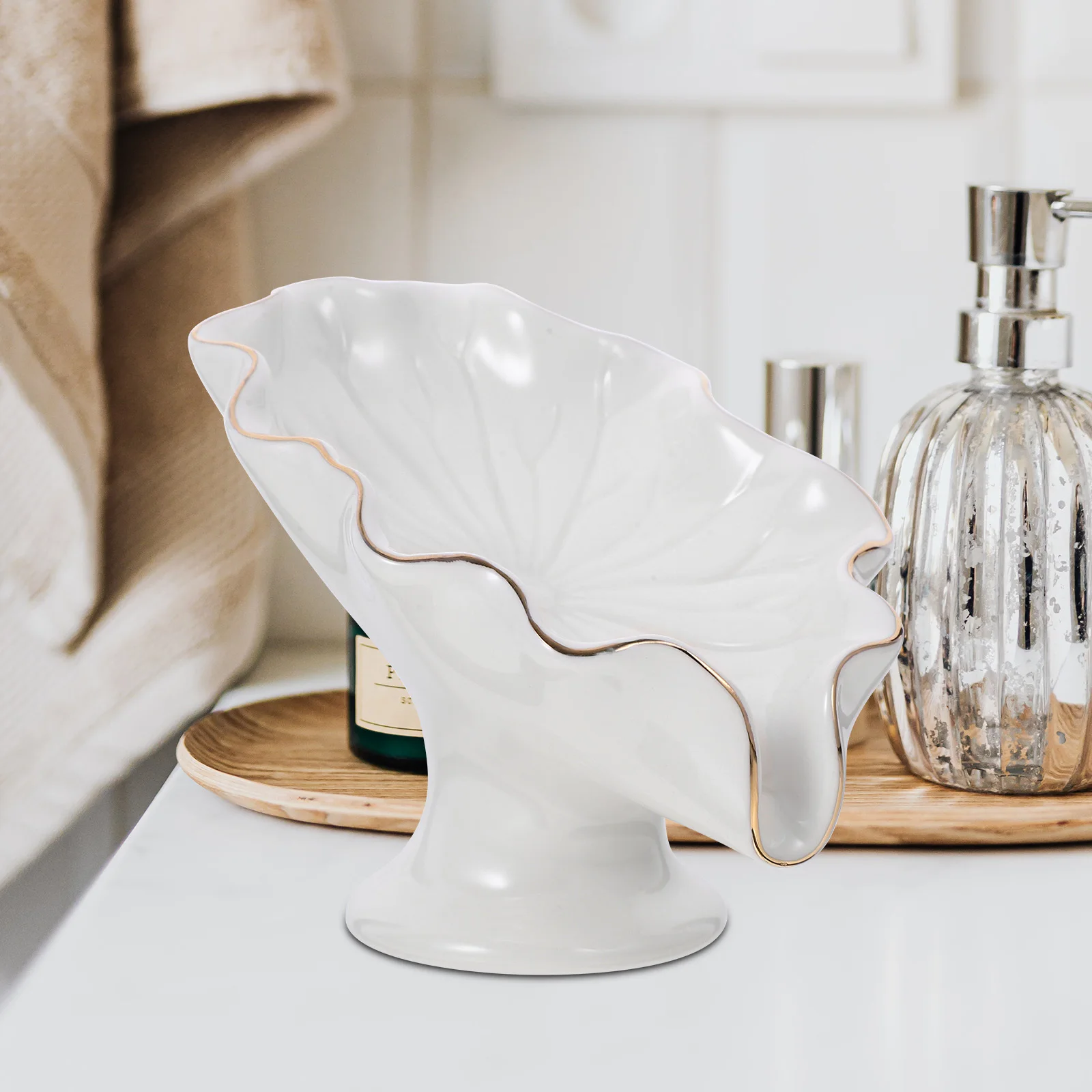 

Draining Soap Dish Ceramic Soap Container Featuring Elegant Lotus Leaf Texture Decorative Bathroom Accessory for Home Hotel Use