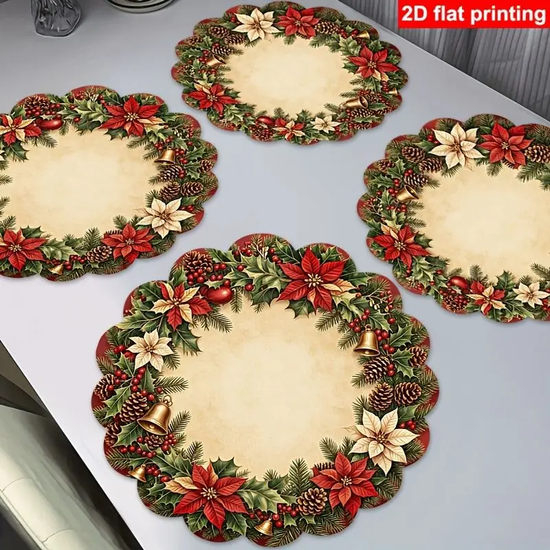 VIKAMA Poinsettia Pinecone Handbell Berry Wreath Placemat Beige Background Wavy Edge Red White Blossom Gold Christmas Table Mat