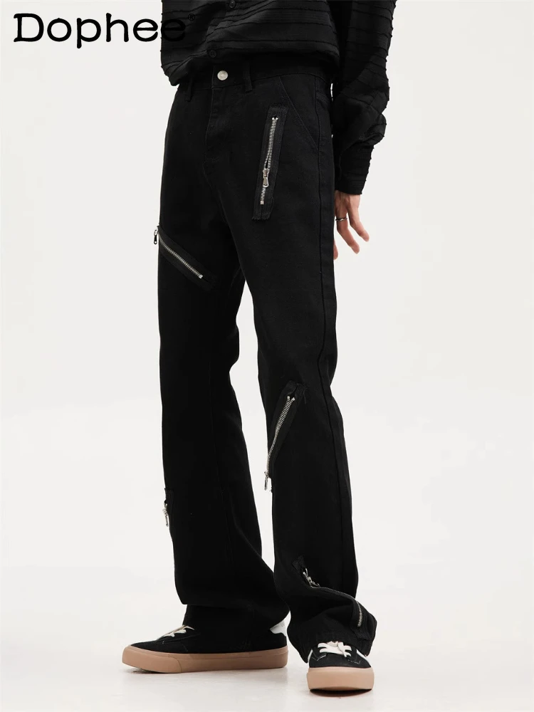 

Men Women 2025 Four Seasons Wear New Original Loose Micro Flared Pants Fashion Jeans Trendy Multi-Zipper Design Chic Denim Pants