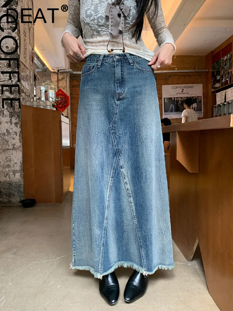 

DEAT Fashion Women's Retro Design Denim Skirt High Waist A-line patchwork Rough Edge Mid-calf Skirts Autumn 2024 New 7AB4835