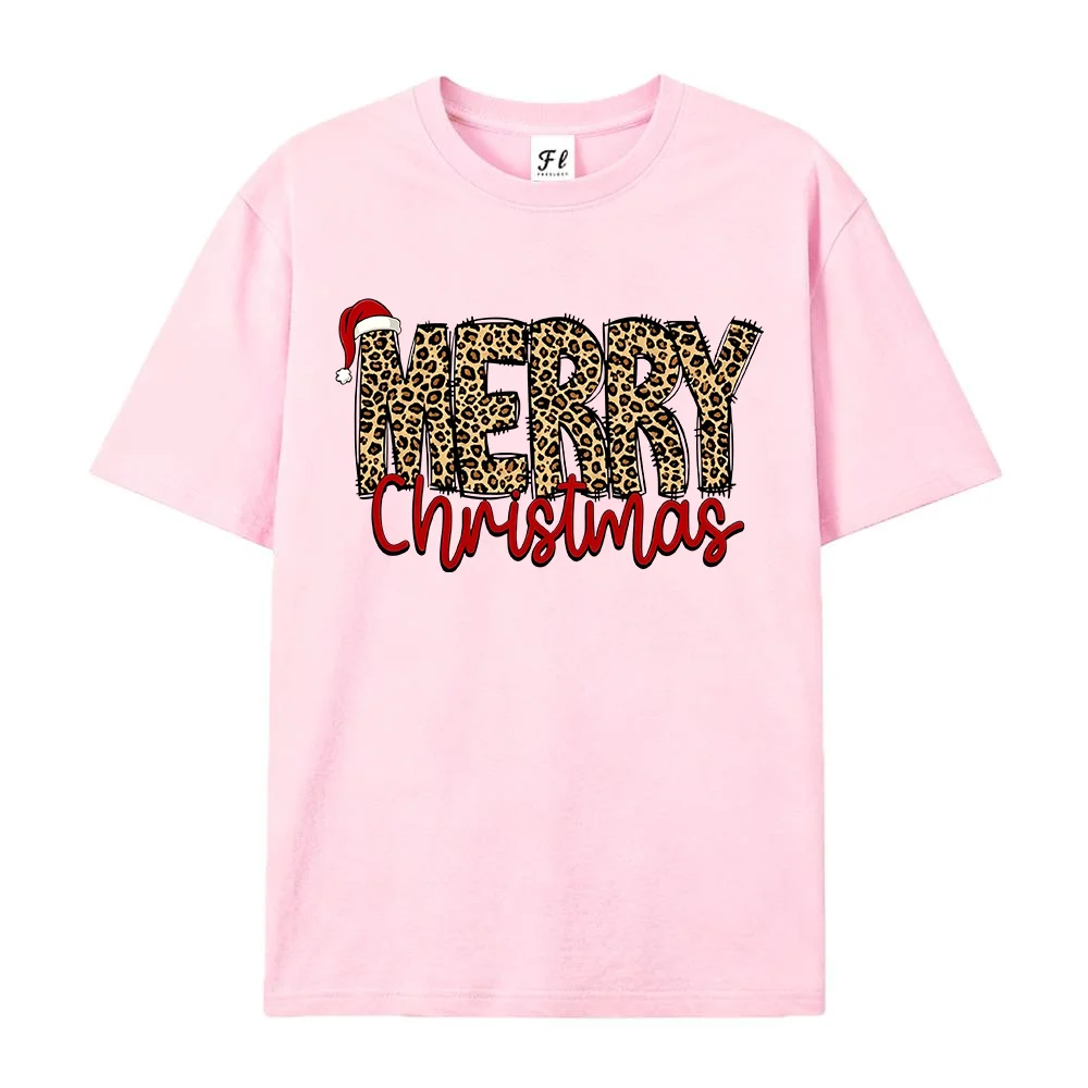 Women T Shirt Merry Christmas Leopard Letter Print Short Sleeve Crewneck Casual Loose Cotton  Tops Graphic Tees