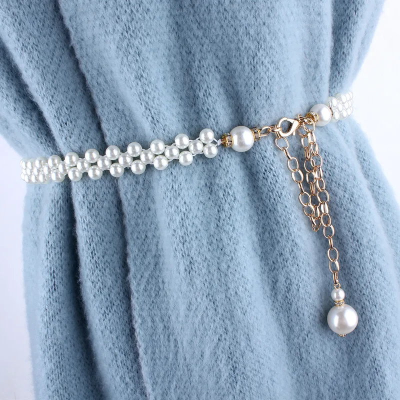 

Sweet Pearl Women Versatile Elastic Thin Belt For Dresses Waist Cincher With Metal Chain And Rhinestones