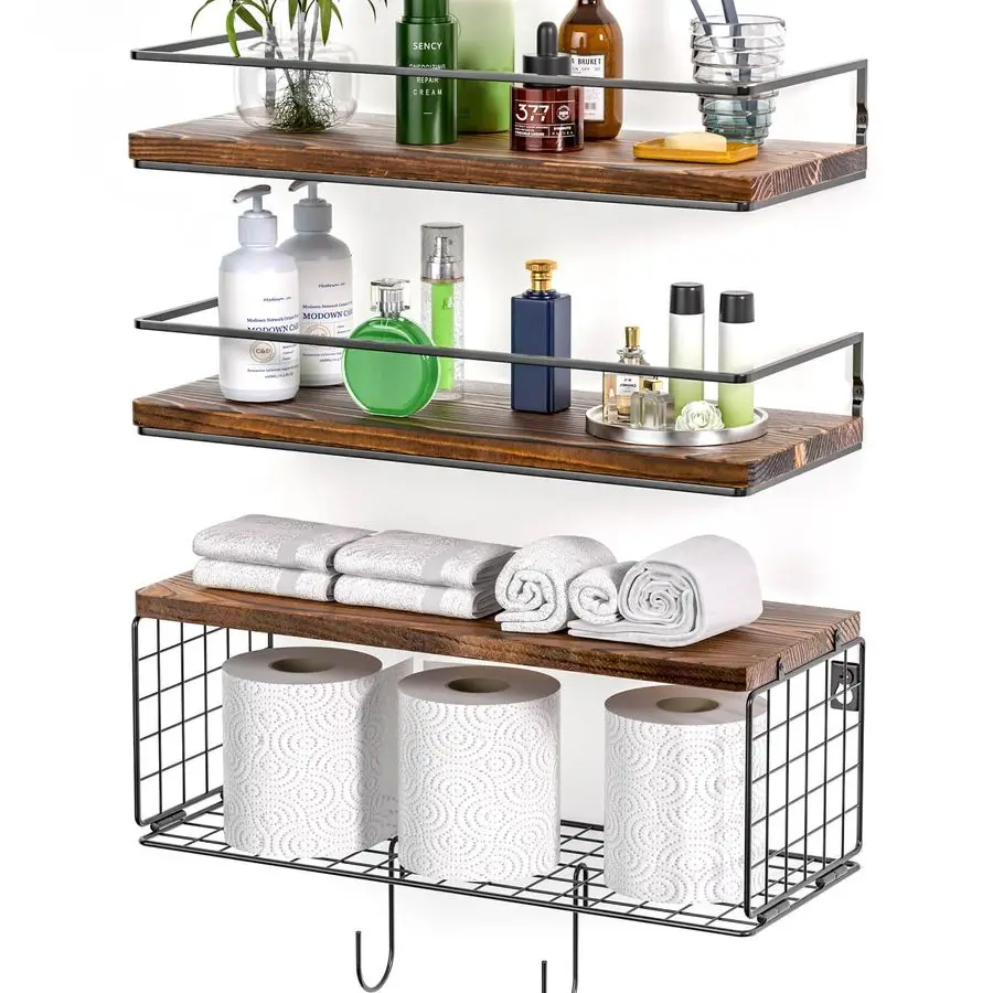 

16.1in Bathroom Shelves Wall Mounted Over Toilet with Toilet Paper Storage Basket amp Hooks, Hanging Floating Shelves Bathroom f