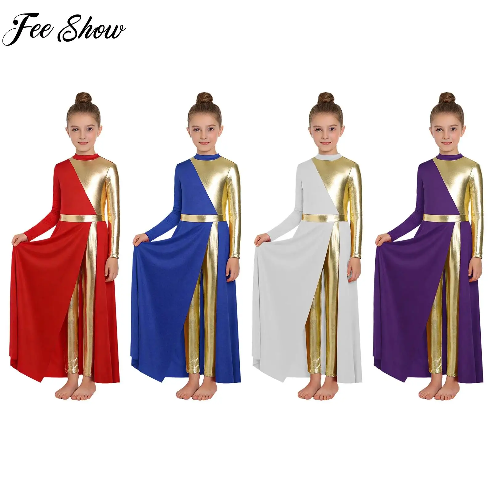 

Teen Girls Worship Praise Lyrical Dance Costume Metallic Long Sleeve Church Choir Split Dress with Built-in Leggings Dancewear