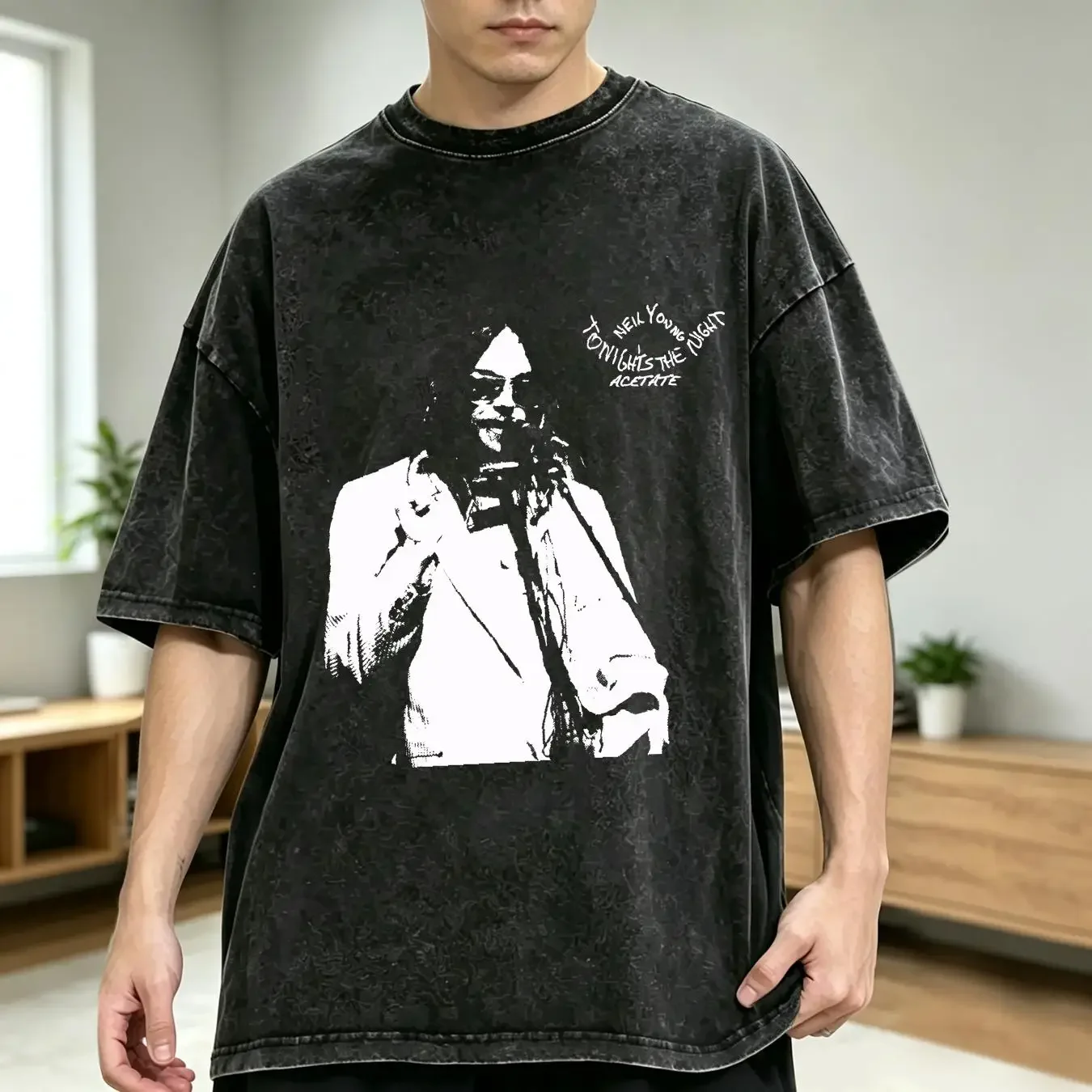 washed T Shirt Men's Neil Young Tonight's The Night Organic Slim Fit Large Black vintage Washed fashion homme Breathable Casual