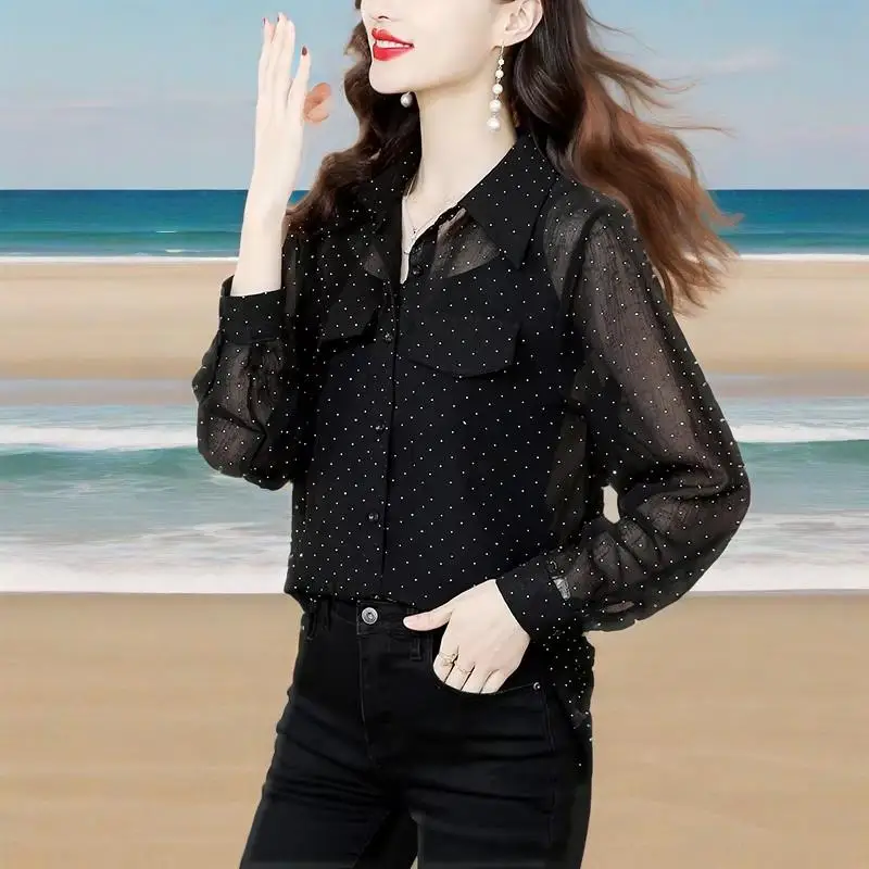

Sexy Long-sleeve See Through Black Shirts Women Chic Hot Diamond Design Tops Fashion Casual Summer Autumn Women Blouses 2025