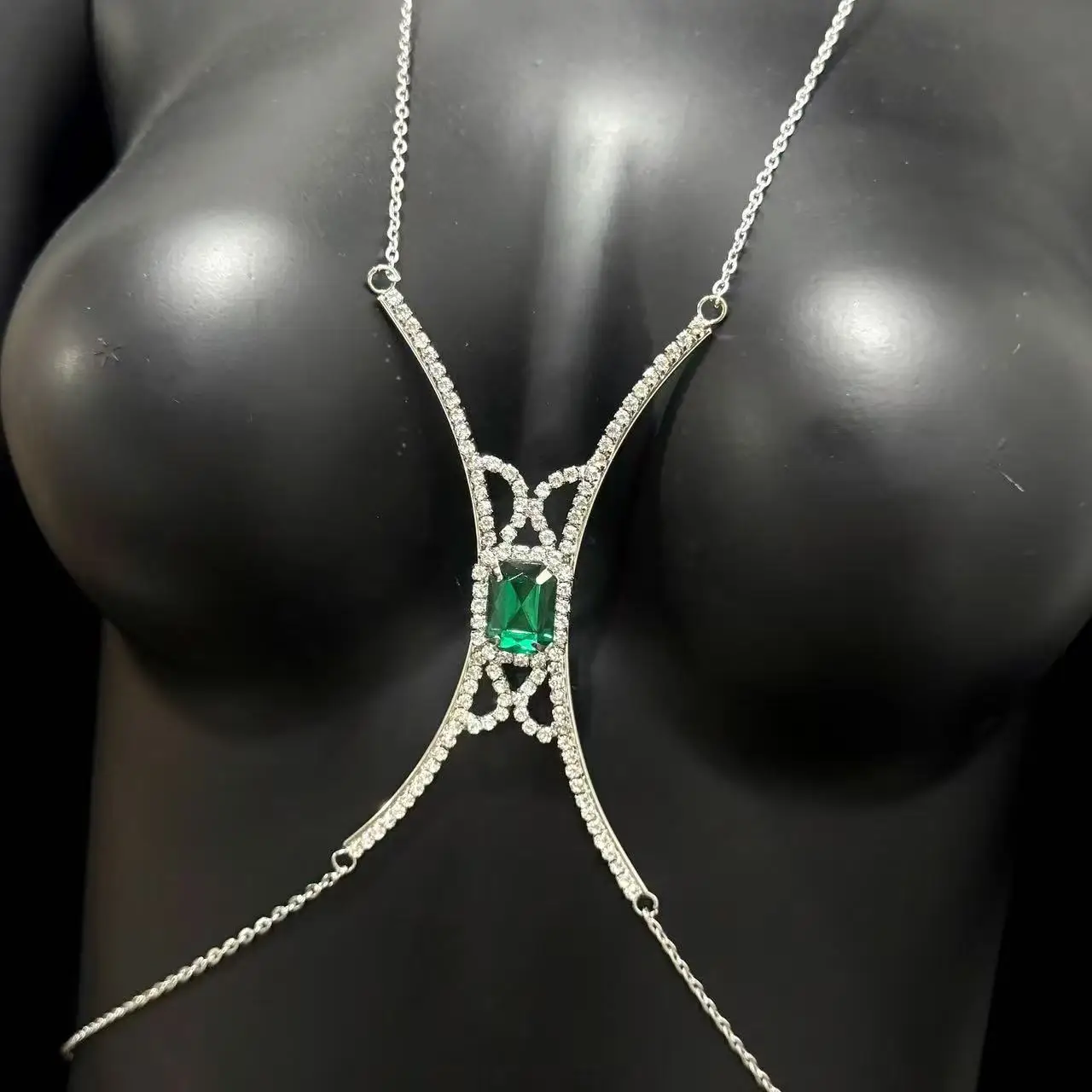 Fashionable body accessories, sexy geometric square green rhinestone bra body chain jewelry