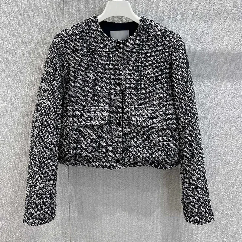 

High quality Women Autumn Winter Textured Sequin Jacket Long Sleeve round Collar Single Breasted Coat Short Outerwear 2590138