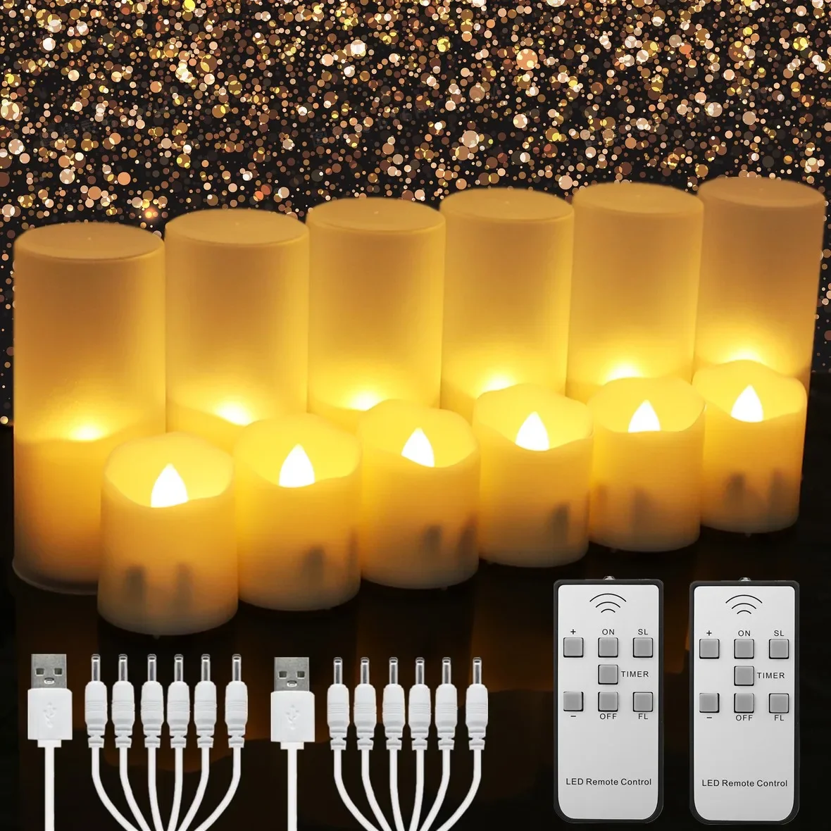 Velas sin llama recargables con pantalla LED parpadeante, luces de té eléctricas, temporizador, Cables de carga USB remotos, 6/24 piezas