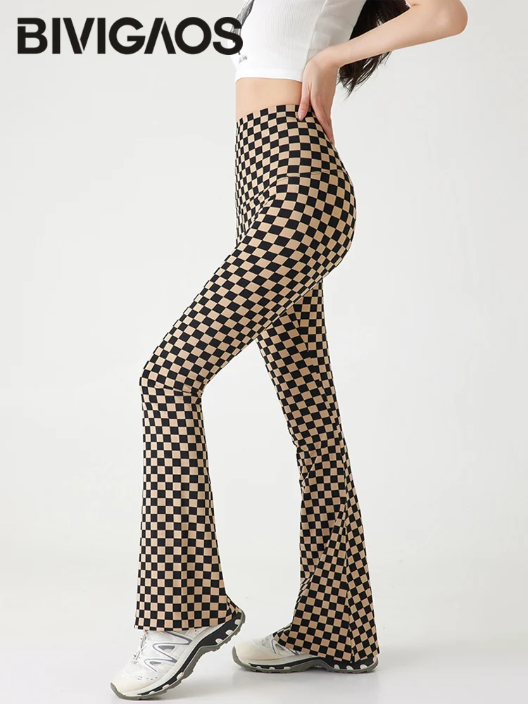 BIVIGAOS Spring Summer New Checkerboard Shark Flared Leggings Women High Waist Tight Butt Lifter Sexy American Style Flared Pant