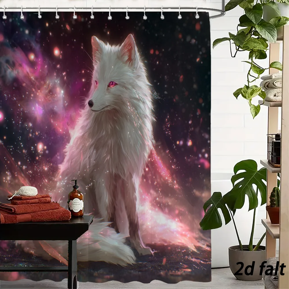 Magical Fantasy Fluffy White Arctic Fox Sitting Against Sparkling Nebula Galaxy Star‑filled Dark Space Pattern Bath curtain