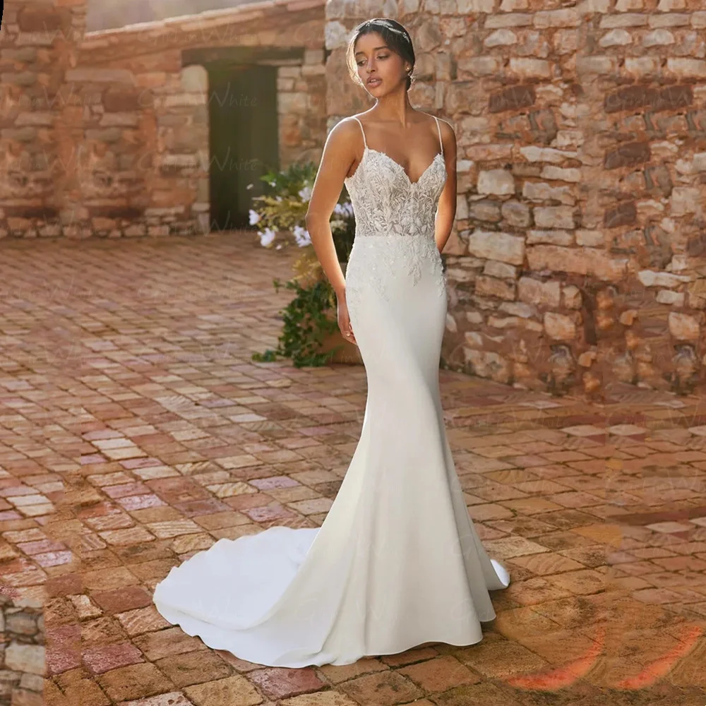 Sexy spaghetti zeemeermin trouwjurken open rug zeemeermin aangepaste bruid gewaden sweep trein bruidsjurk vestidos de novia