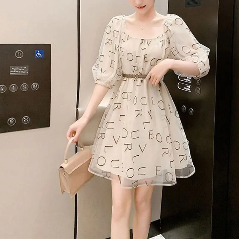 

Women's Square Collar A-line Skirt, Printing Letter, Slim, Elegant, Temperament, Casual Clothes, Summer, New Style, Fashion