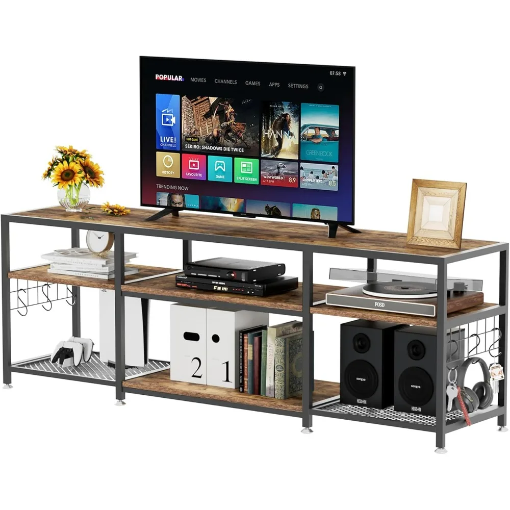 

70" TV Stand for 70 Inch Television, Entertainment Center with Storage Shelves & Hooks, 3-Tier Modern Wooden Console Table