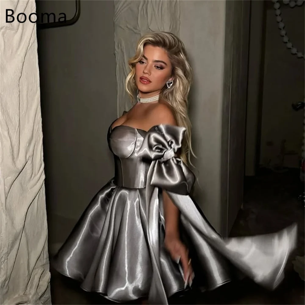 Booma A-Line Abiti da sera con fiocco lucido Abiti da festa formali per le donne Abito lungo da ballo elegante senza maniche in raso Personalizza 2025