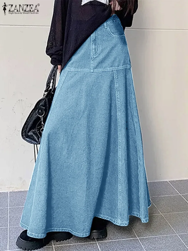 

Women Denim Long Skirt 2024 Summer ZANZEA Fashion High Waist Jupe Casual Patchwork A-line Maxi Skirt Elegant Wrap Long Faldas