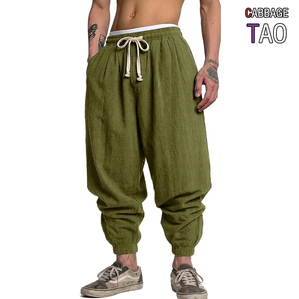 Pantalones de Lino para Hombre, Estilo Harem con Cordón, Holgados y Cómodos, Versátiles para Primavera y Otoño, Ideales para Yoga y Uso Diario
