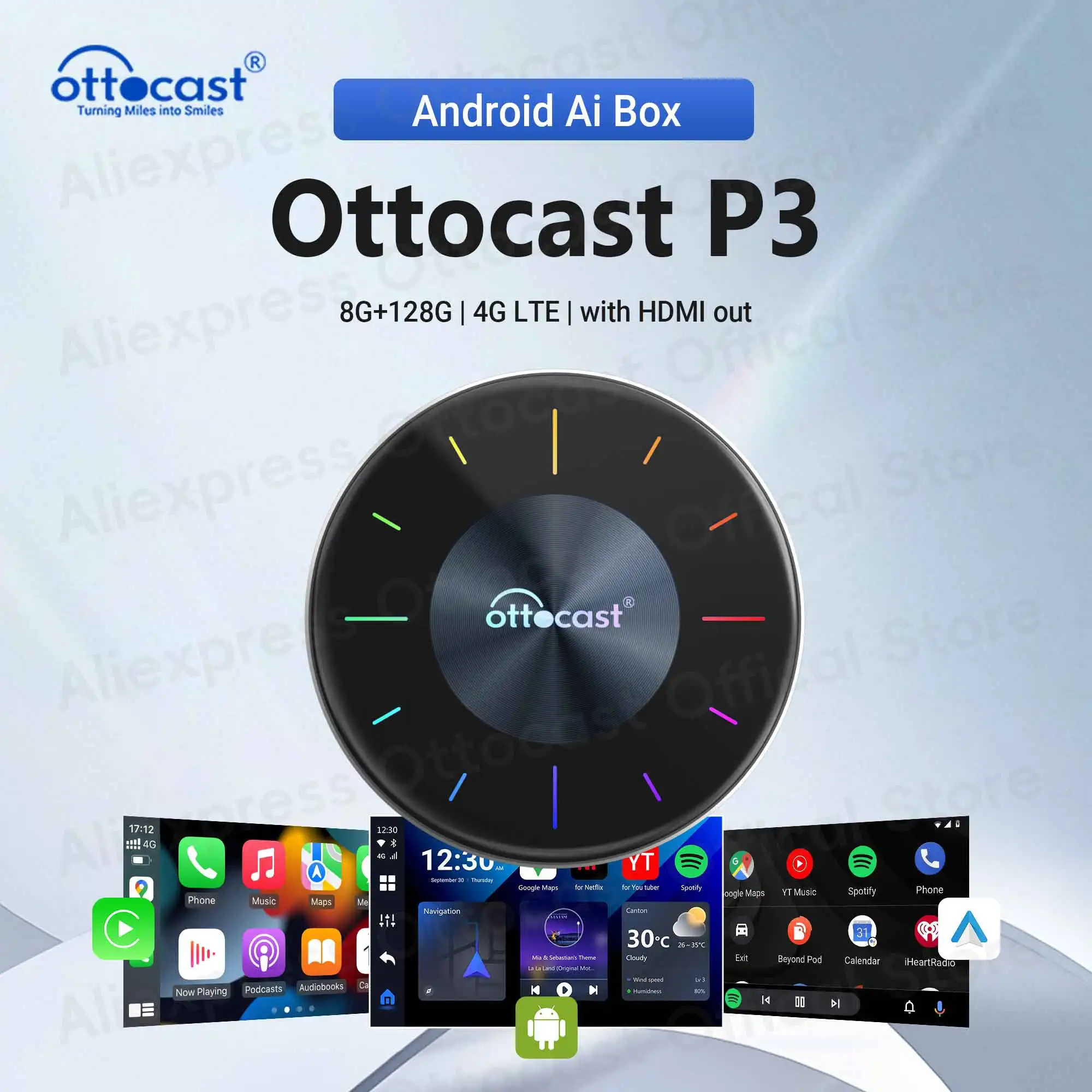 OTTOCAST P3 Android AI Box Wireless CarPlay Android Auto 128 ГБ ТВ-приставка для HDMI-выхода Автомобильные аксессуары для Audi VW Chervolet Kia