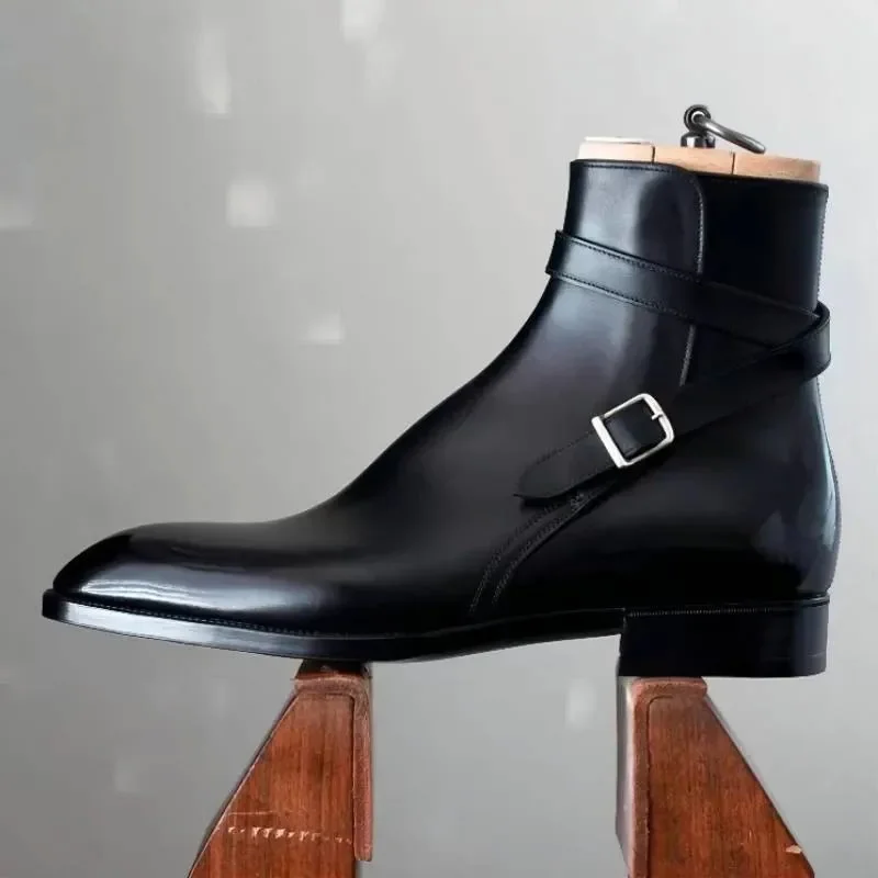 New In Black Buckle Strap Boots for Men Square Toe Ankle Boots for Men with Zapatos De Seguridad Hombre Men Boots