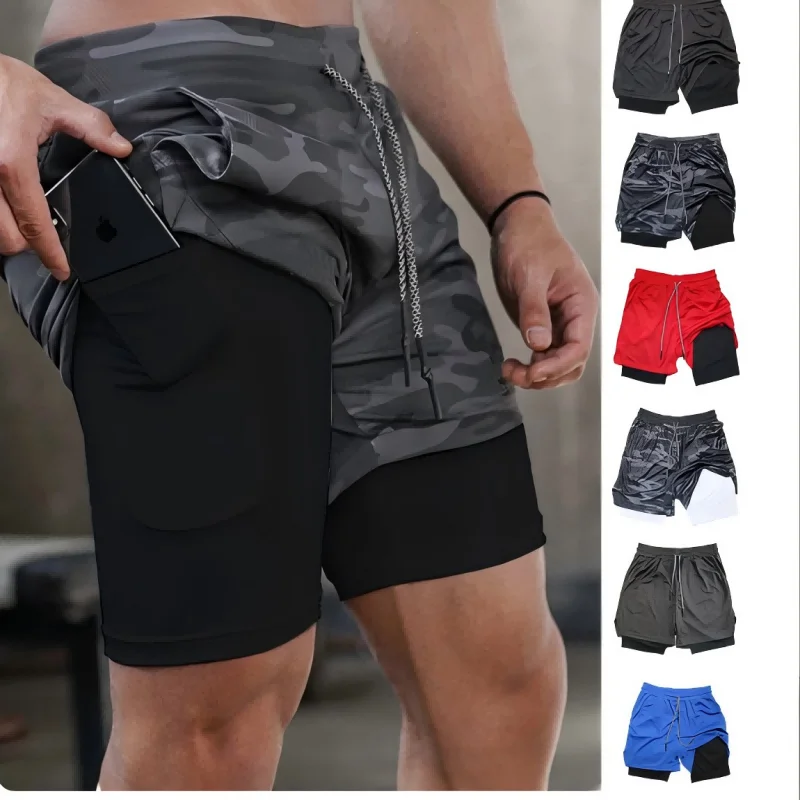 2024 Men\'s Performance Shorts Soild Color 2 in 1 Gym Shorts Compression Stretchy Sports Shorts Quick Dry Fitness Workout Summer