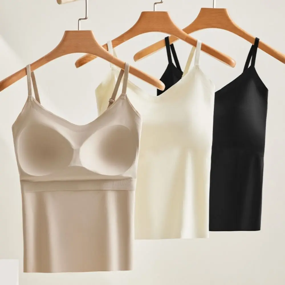Build-in Bra V-Neck Camisole Vest Long Length Back Sling Design Sling Vest Top Summer Solid Color Fixed Cup Camisole For Women
