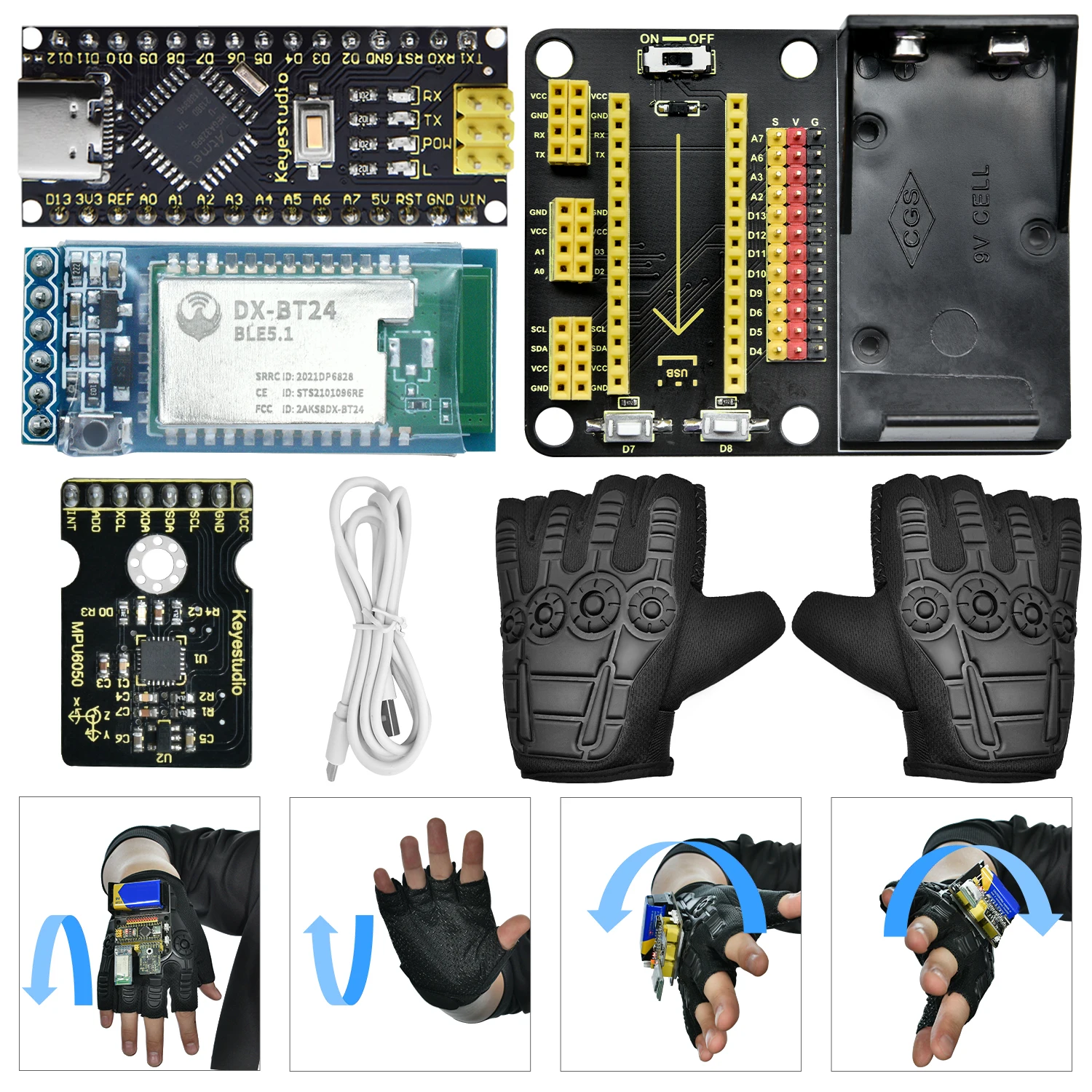 KEYESTUDIO Bluetooth LED Control Motion Sensing Glove Gesture MPU6050 Sensor Kit For Arduino Robot/Robot Arm Device Control